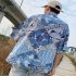 Women Men Leisure Shirt Personality Geometrical  Printing Short Sleeve Retro Hawaii Beach Shirt Top Summer C113   XXL