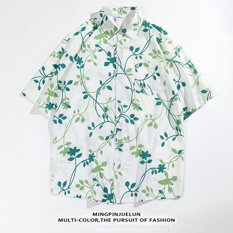 Women Men Summer Short Sleeve Floral Shirt Comfortable Button Up Lapel Collar Retro Loose Casual Tops H806 2XL