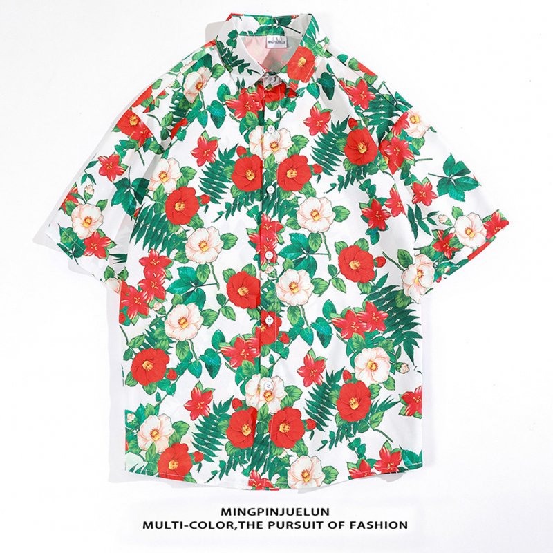 Women Men Summer Short Sleeve Floral Shirt Comfortable Button Up Lapel Collar Retro Loose Casual Tops H803 3XL