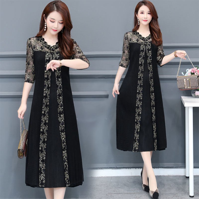 Women Middle Sleeve Lace A-line Dress