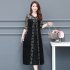 Women Middle Sleeve Large Hem Lace A line Casual Dress   Black M