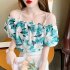 Women Off Shoulder Blouse Elegant Pearl Chain Shoulder Strap Fashion Printing Shirt blue XL