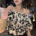 Women Off Shoulder Chiffon Shirt Fashion French Floral Printing Tops Summer Retro Puff Sleeve Blouse As shown S