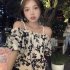 Women Off Shoulder Chiffon Shirt Fashion French Floral Printing Tops Summer Retro Puff Sleeve Blouse As shown S