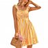 Women Off Shoulder Dress Trendy Sweet Ruffled Striped Printing A line Skirt Casual Short Sleeves Short Dress yellow S