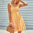 Women Off Shoulder Dress Trendy Sweet Ruffled Striped Printing A line Skirt Casual Short Sleeves Short Dress yellow S