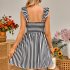 Women Off Shoulder Dress Trendy Sweet Ruffled Striped Printing A line Skirt Casual Short Sleeves Short Dress yellow S
