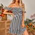 Women Off Shoulder Dress Trendy Sweet Ruffled Striped Printing A line Skirt Casual Short Sleeves Short Dress blue S