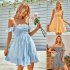 Women Off Shoulder Dress Trendy Sweet Ruffled Striped Printing A line Skirt Casual Short Sleeves Short Dress blue S