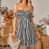 Women Off Shoulder Dress Trendy Sweet Ruffled Striped Printing A line Skirt Casual Short Sleeves Short Dress blue S