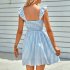 Women Off Shoulder Dress Trendy Sweet Ruffled Striped Printing A line Skirt Casual Short Sleeves Short Dress blue S