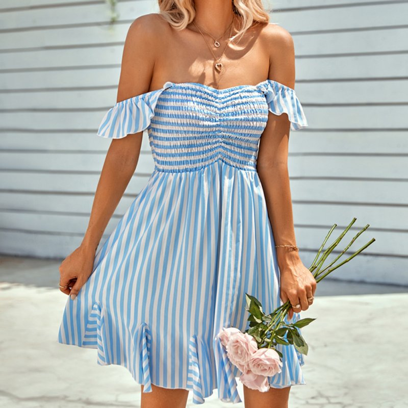 Women Off Shoulder Dress Trendy Sweet Ruffled Striped Printing A-line Skirt Casual Short Sleeves Short Dress blue M