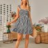 Women Off Shoulder Dress Trendy Sweet Ruffled Striped Printing A line Skirt Casual Short Sleeves Short Dress blue S