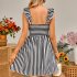 Women Off Shoulder Dress Trendy Sweet Ruffled Striped Printing A line Skirt Casual Short Sleeves Short Dress blue M