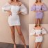 Women Off Shoulder Dress Puff Short Sleeves High Waist Slimming Bodycon Skirt Floral Printing Short Skirt White XL
