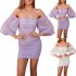Women Off Shoulder Dress Puff Short Sleeves High Waist Slimming Bodycon Skirt Floral Printing Short Skirt White XL