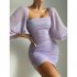 Women Off Shoulder Dress Puff Short Sleeves High Waist Slimming Bodycon Skirt Floral Printing Short Skirt Light purple S
