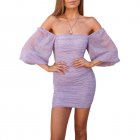 Women Off Shoulder Dress Puff Short Sleeves High Waist Slimming Bodycon Skirt Floral Printing Short Skirt Light purple M
