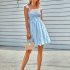 Women Off Shoulder Dress Trendy Sweet Ruffled Striped Printing A line Skirt Casual Short Sleeves Short Dress yellow S