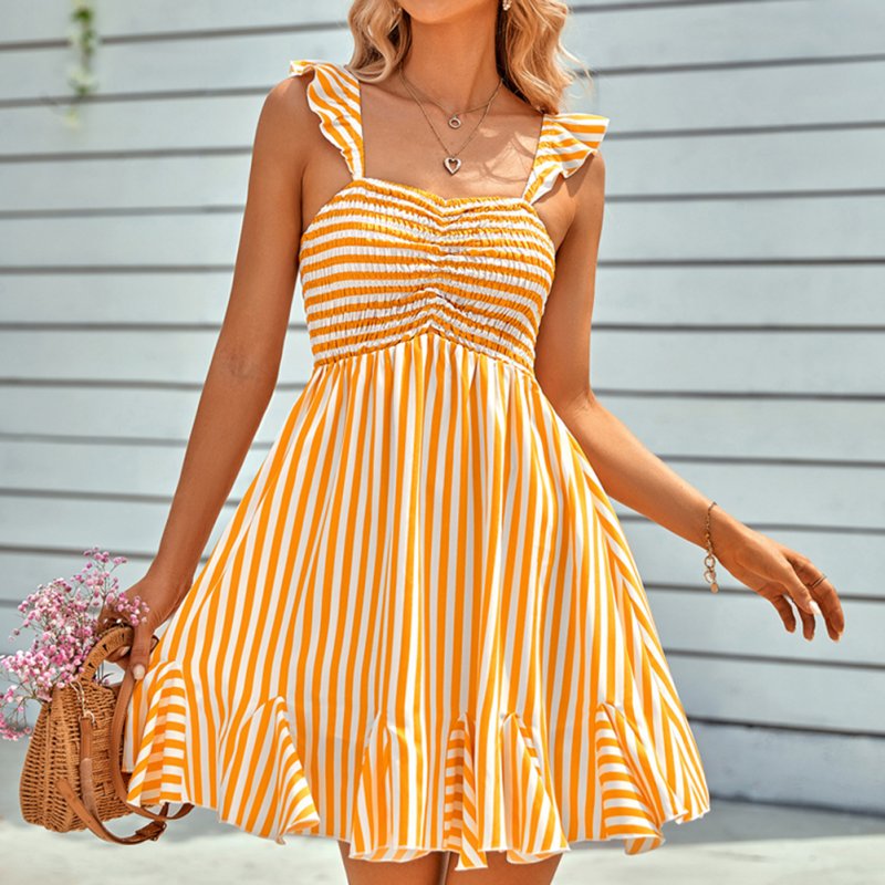 Women Off Shoulder Dress Trendy Sweet Ruffled Striped Printing A-line Skirt Casual Short Sleeves Short Dress yellow S