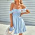 Women Off Shoulder Dress Trendy Sweet Ruffled Striped Printing A line Skirt Casual Short Sleeves Short Dress yellow S