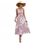 Women Off Shoulder Strapless Dress Sexy Sleeveless High Waist Lace-up Tube Top Midi Skirt Floral Printing A-line Skirt pink M