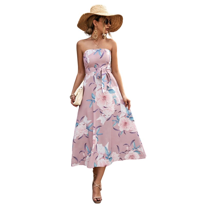 Women Off Shoulder Strapless Dress Sexy Sleeveless High Waist Lace-up Tube Top Midi Skirt Floral Printing A-line Skirt pink L