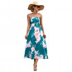 Women Off Shoulder Strapless Dress Sexy Sleeveless High Waist Lace-up Tube Top Midi Skirt Floral Printing A-line Skirt green S