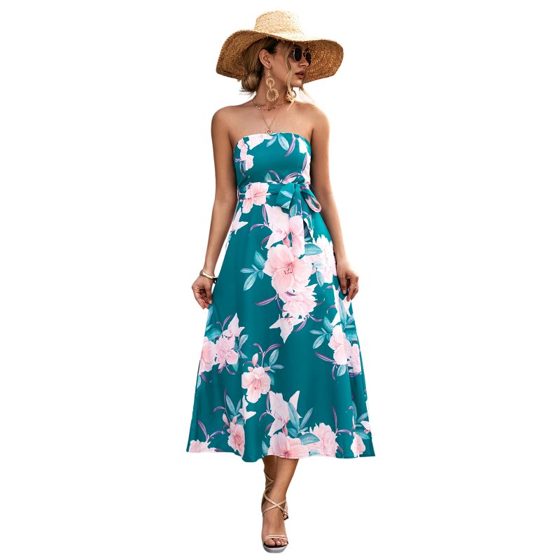 Women Off Shoulder Strapless Dress Sexy Sleeveless High Waist Lace-up Tube Top Midi Skirt Floral Printing A-line Skirt green L
