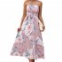 Women Off Shoulder Strapless Dress Sexy Sleeveless High Waist Lace up Tube Top Midi Skirt Floral Printing A line Skirt green L