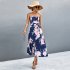 Women Off Shoulder Strapless Dress Sexy Sleeveless High Waist Lace up Tube Top Midi Skirt Floral Printing A line Skirt navy blue S