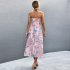 Women Off Shoulder Strapless Dress Sexy Sleeveless High Waist Lace up Tube Top Midi Skirt Floral Printing A line Skirt navy blue S