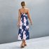 Women Off Shoulder Strapless Dress Sexy Sleeveless High Waist Lace up Tube Top Midi Skirt Floral Printing A line Skirt navy blue S