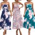Women Off Shoulder Strapless Dress Sexy Sleeveless High Waist Lace up Tube Top Midi Skirt Floral Printing A line Skirt navy blue S