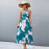 Women Off Shoulder Strapless Dress Sexy Sleeveless High Waist Lace up Tube Top Midi Skirt Floral Printing A line Skirt navy blue S
