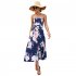 Women Off Shoulder Strapless Dress Sexy Sleeveless High Waist Lace up Tube Top Midi Skirt Floral Printing A line Skirt navy blue XL