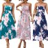 Women Off Shoulder Strapless Dress Sexy Sleeveless High Waist Lace up Tube Top Midi Skirt Floral Printing A line Skirt navy blue XL