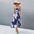 Women Off Shoulder Strapless Dress Sexy Sleeveless High Waist Lace up Tube Top Midi Skirt Floral Printing A line Skirt navy blue XL