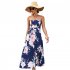 Women Off Shoulder Strapless Dress Sexy Sleeveless High Waist Lace up Tube Top Midi Skirt Floral Printing A line Skirt navy blue XL