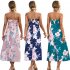 Women Off Shoulder Strapless Dress Sexy Sleeveless High Waist Lace up Tube Top Midi Skirt Floral Printing A line Skirt navy blue XL