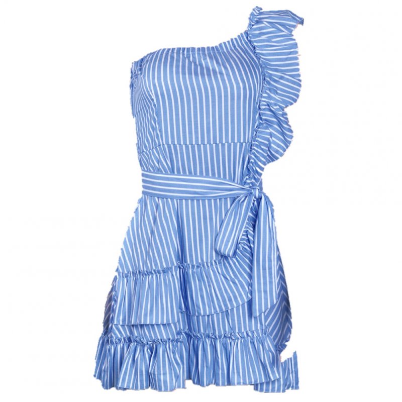 Women Off Sloping Shoulder Strap Flounces Decoration Stripes Dress Sexy Style  Light blue_S