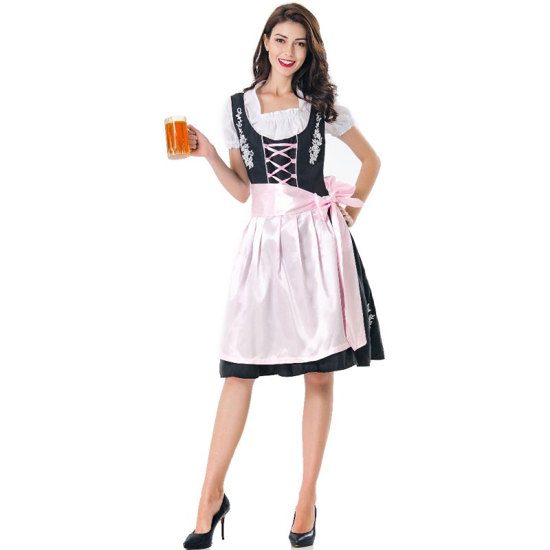Women Oktoberfest Dirndl Dress Retro Embroidery Lady Housemaid Dress black_L