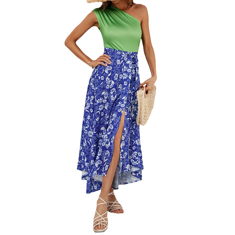 Women One Shoulder Dress Fashion Printing High Waist Long Skirt Elegant Sleeveless Split Dress For Party As shown L