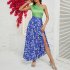 Women One Shoulder Dress Fashion Printing High Waist Long Skirt Elegant Sleeveless Split Dress For Party As shown L