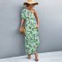 Women One Shoulder Dress Summer Short Sleeves Floral Printing Long Skirt Simple Elegant Lace up Dress green M