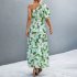Women One Shoulder Dress Summer Short Sleeves Floral Printing Long Skirt Simple Elegant Lace up Dress green L
