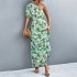 Women One Shoulder Dress Summer Short Sleeves Floral Printing Long Skirt Simple Elegant Lace up Dress green L
