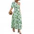 Women One Shoulder Dress Summer Short Sleeves Floral Printing Long Skirt Simple Elegant Lace up Dress green L