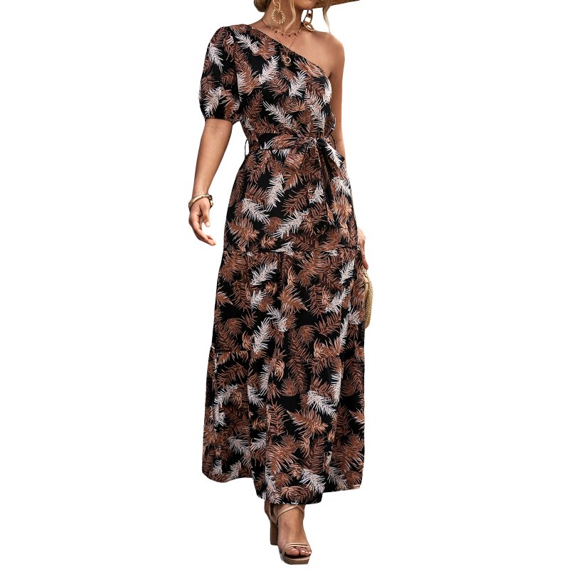 Women One Shoulder Dress Summer Short Sleeves Floral Printing Long Skirt Simple Elegant Lace-up Dress black L