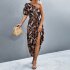Women One Shoulder Dress Summer Short Sleeves Floral Printing Long Skirt Simple Elegant Lace up Dress black L